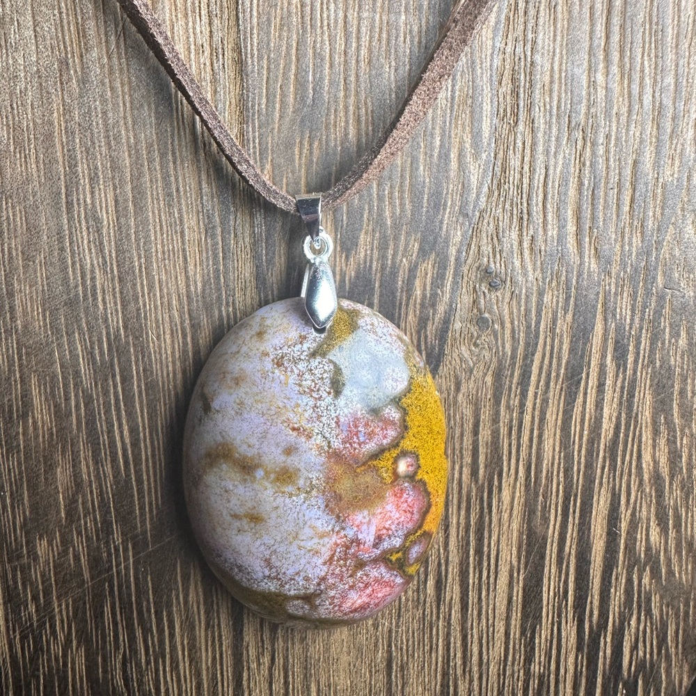 Ocean Jasper Oval Pendant Necklace on Brown Faux Suede - Picture 12 of 15